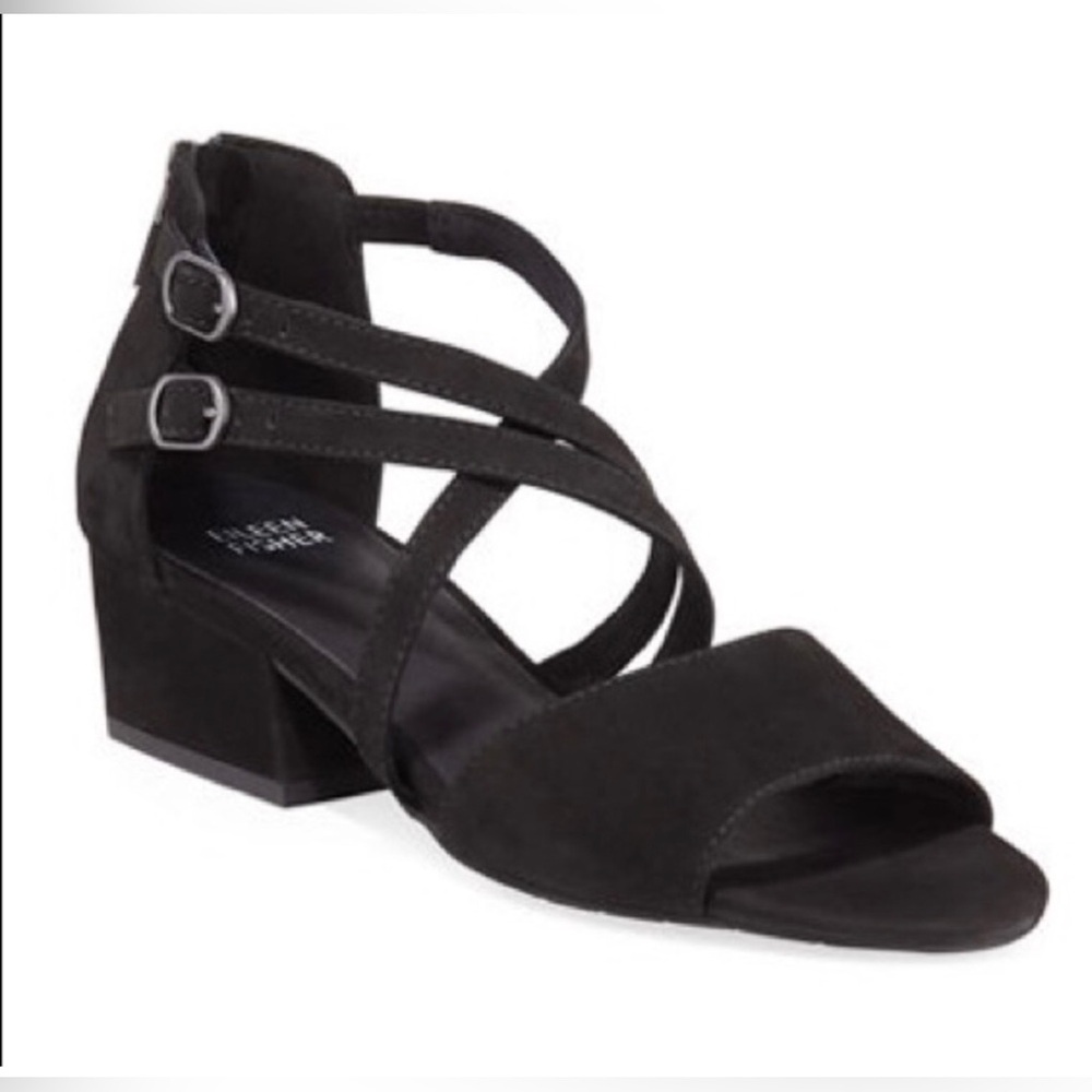 NEW Eileen Fisher Kyra Black Nubuck Block Heel Sandals 7.5